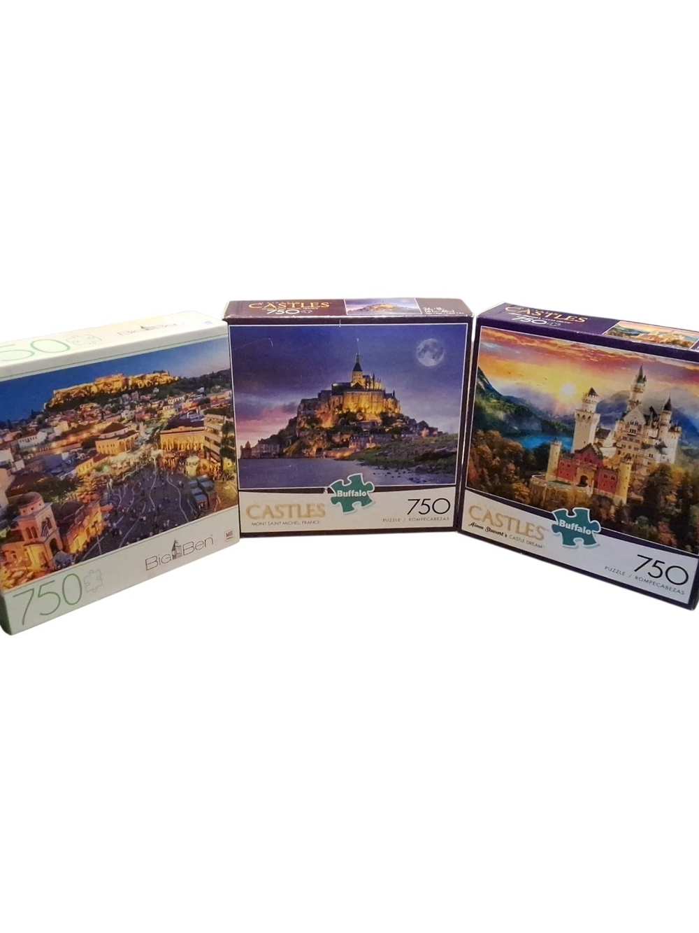 Lot Of 3 750-Piece Jigsaw Puzzles Castles And Athens Greece Bundle Of 3